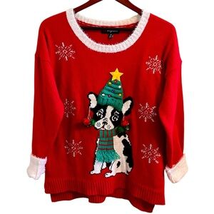 33 Degrees Festive Christmas Red Dog Sweater Snowflakes 3D Earrings Hat Scarf XL